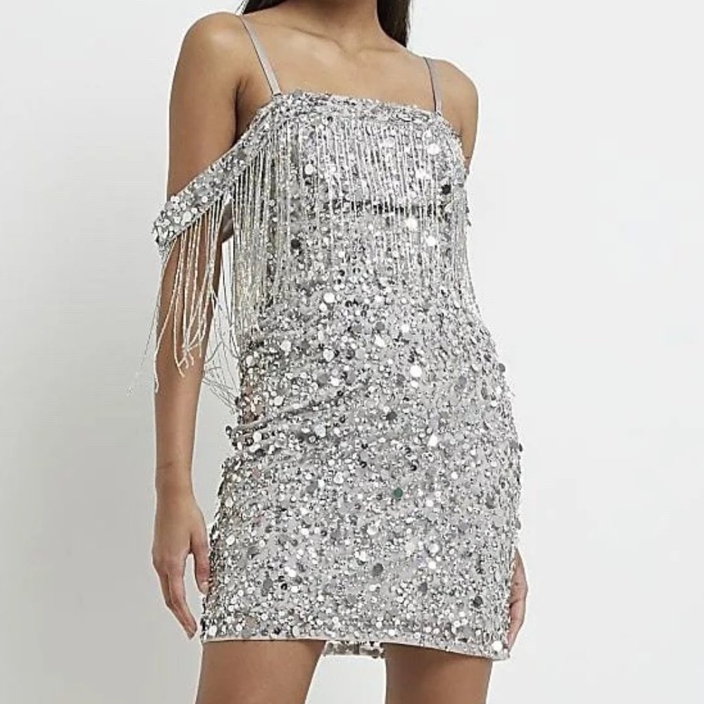 River Island Silver Sequin Bardot Mini Dress